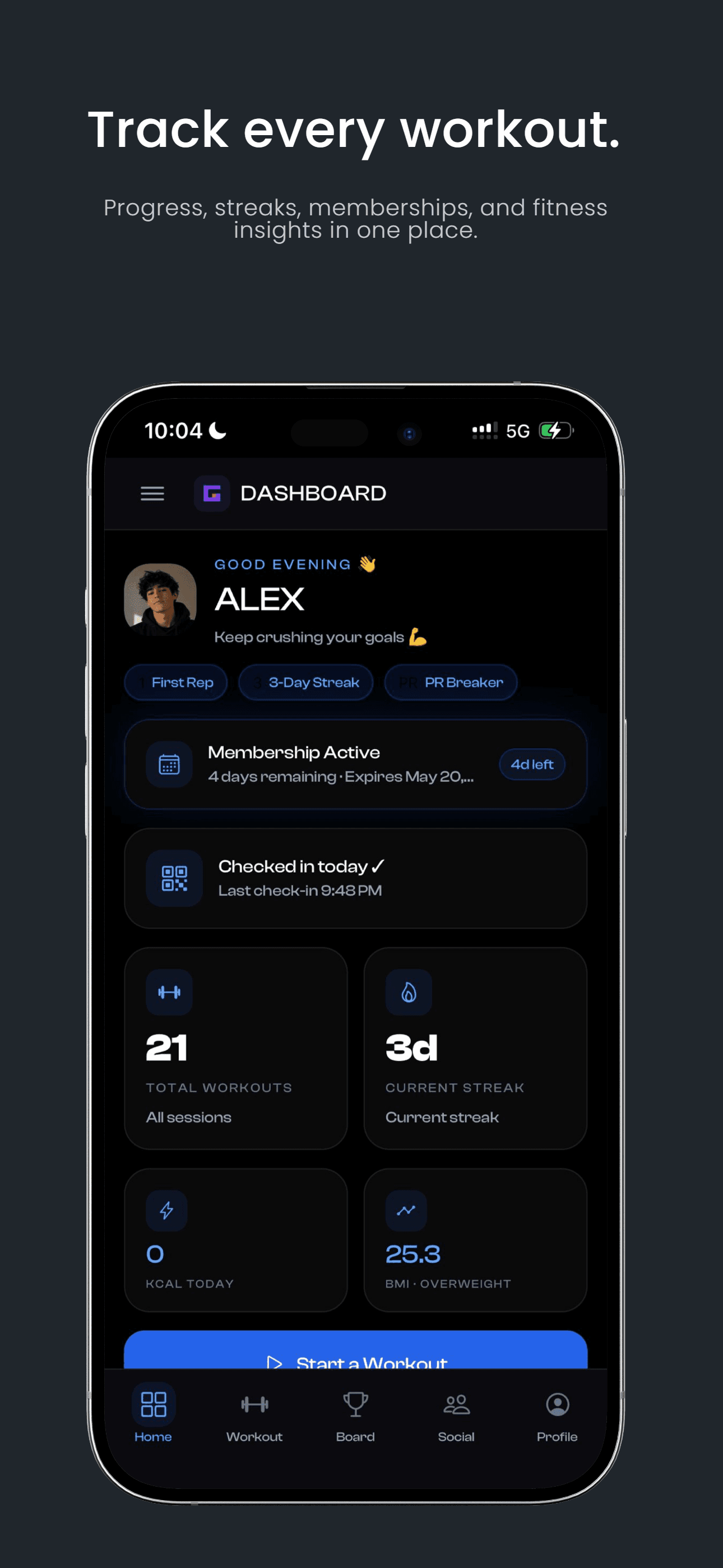 GymOS mobile app member dashboard