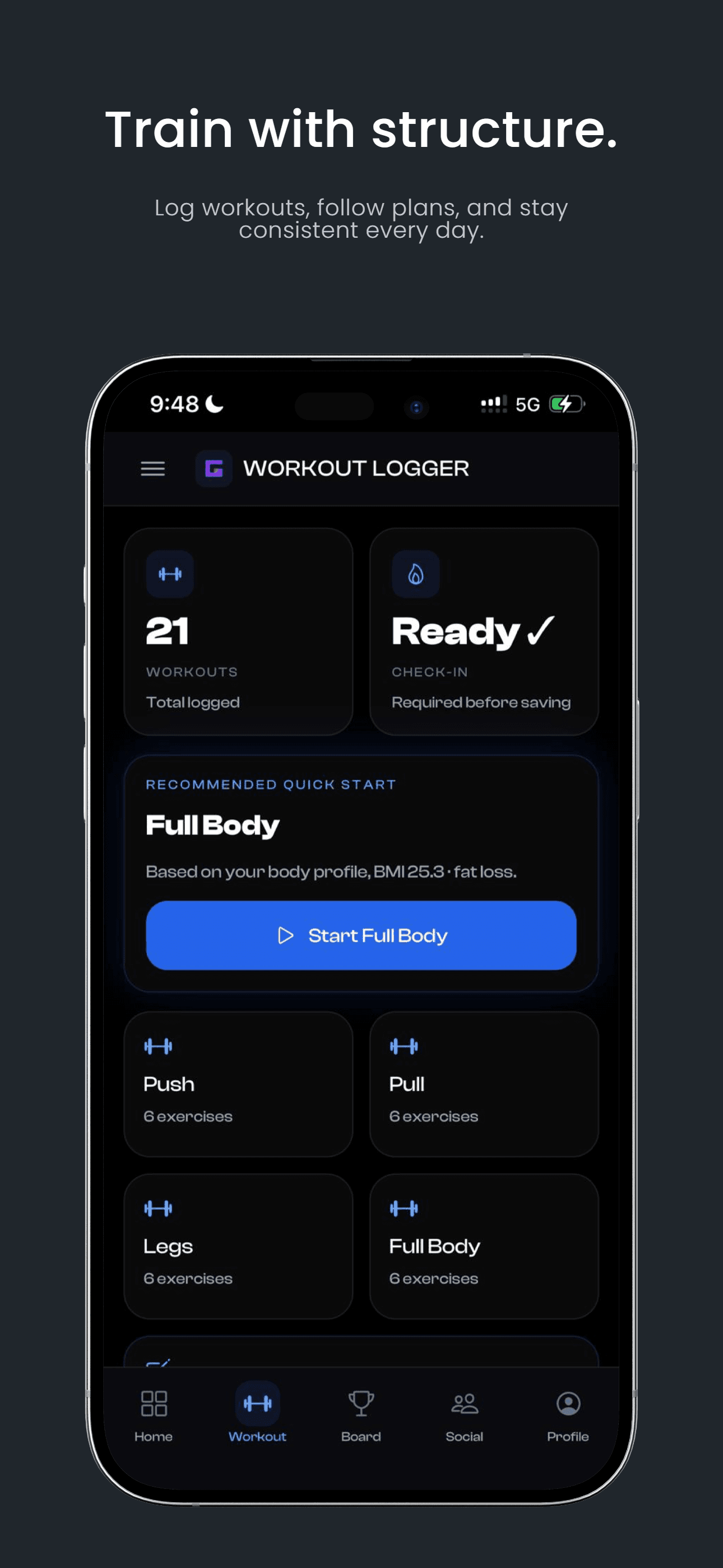 GymOS mobile app workout logger screen