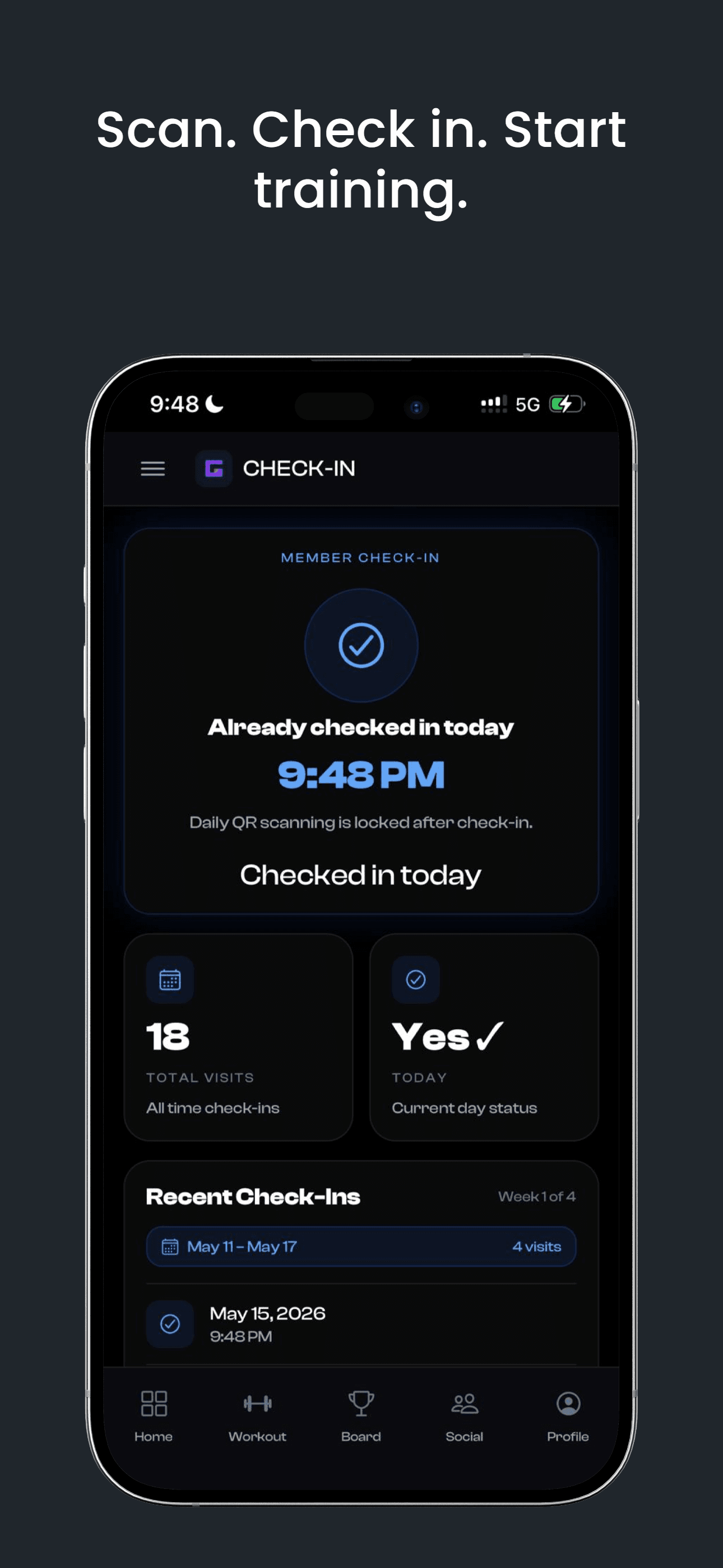 GymOS mobile app QR check-in status