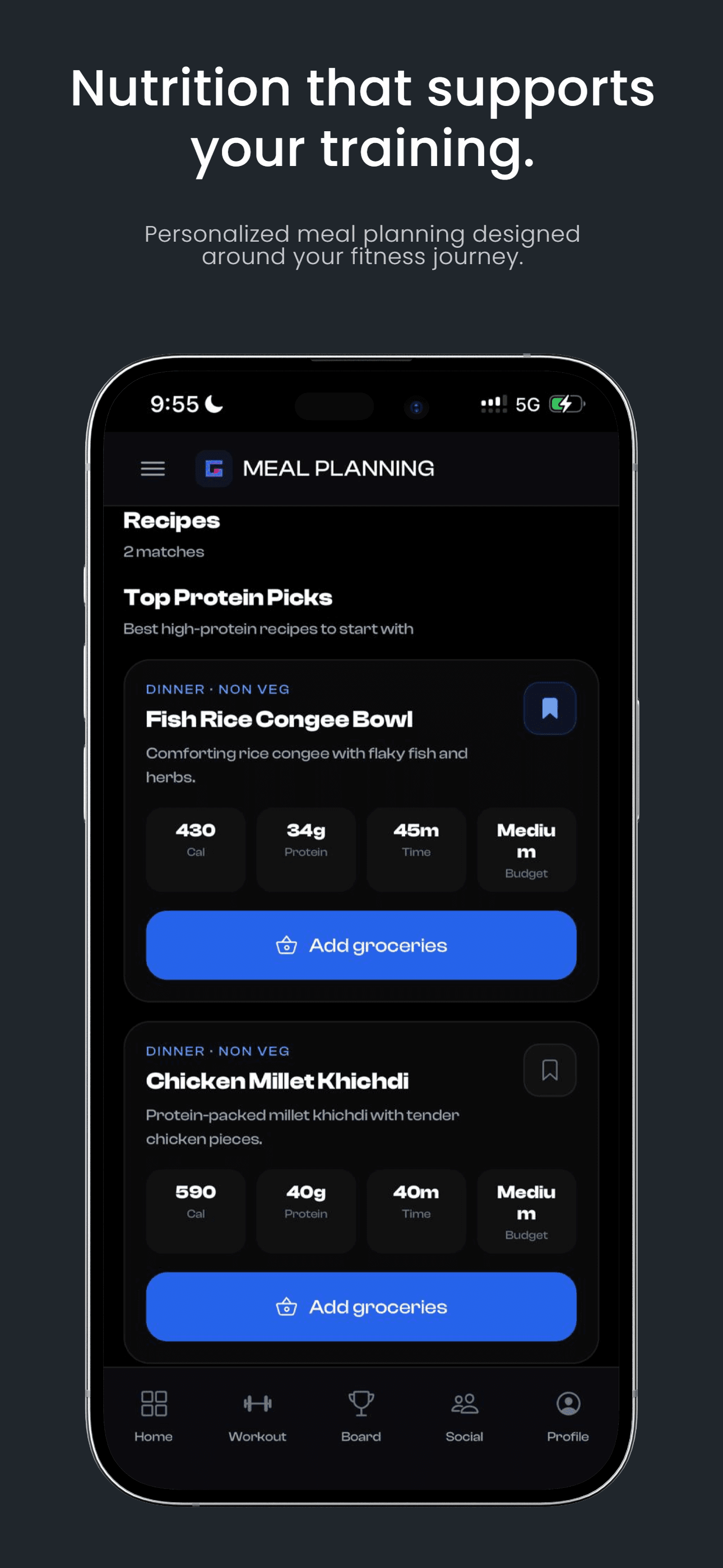GymOS mobile app meal planning screen