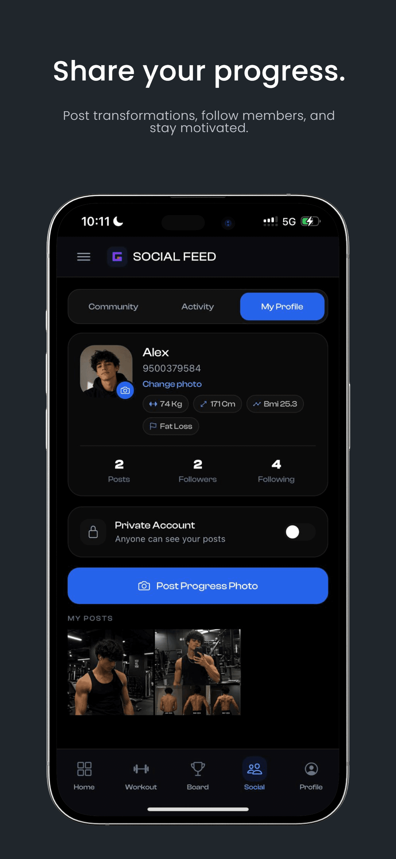 GymOS mobile app social progress profile