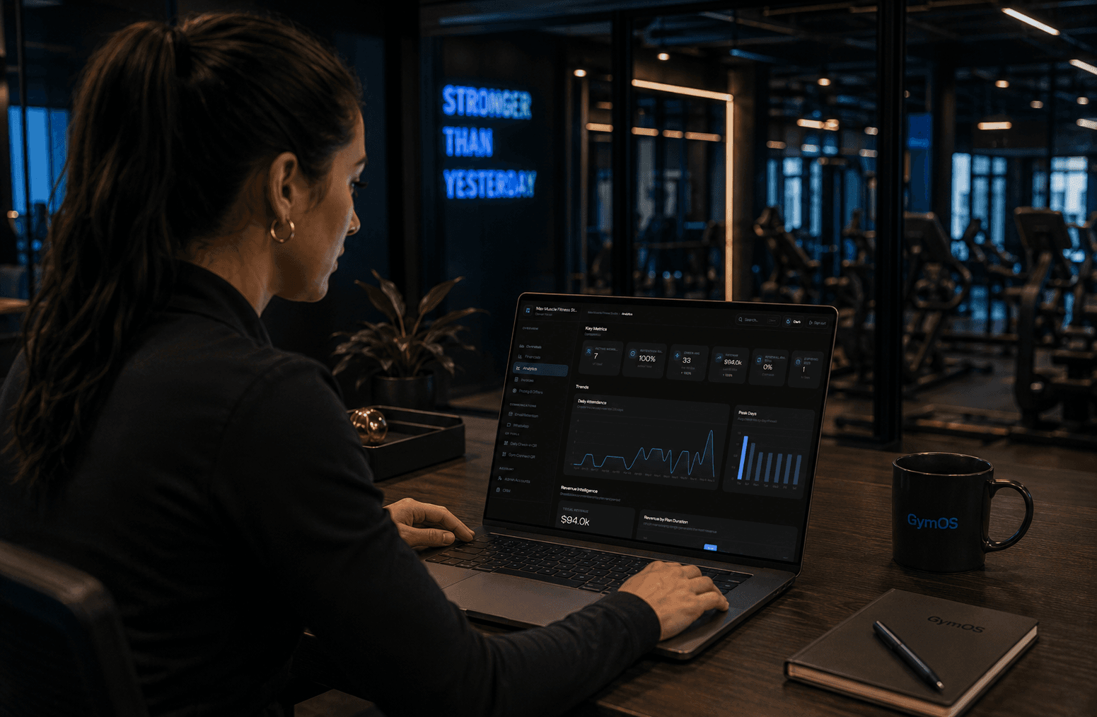 GymOS owner analytics dashboard on a laptop overlooking a gym floor